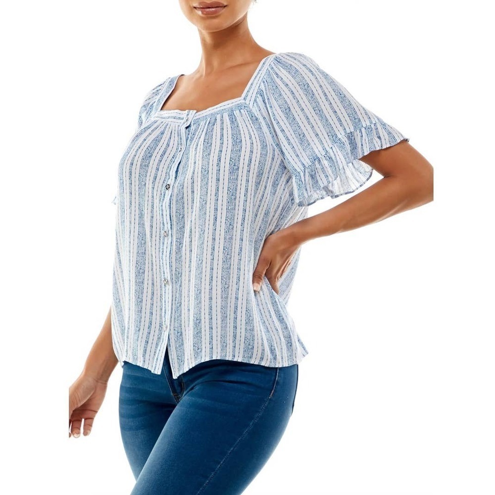 Adrienne Vittadini Striped Square Neck Flutter Sleeve Printed Top Small